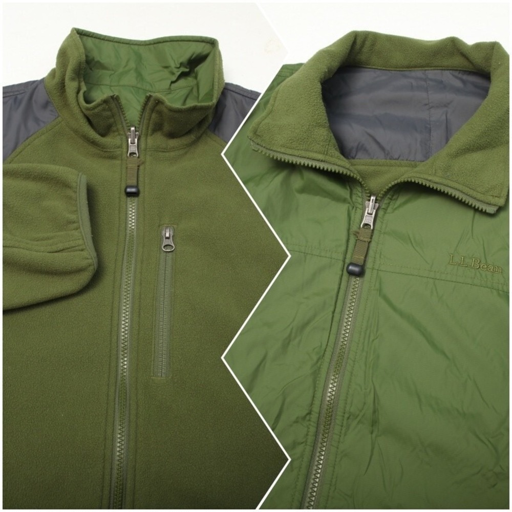 LL Bean Reversible Fleece Nylon Jacket Mens L Green Grey Full Zip Windbreaker